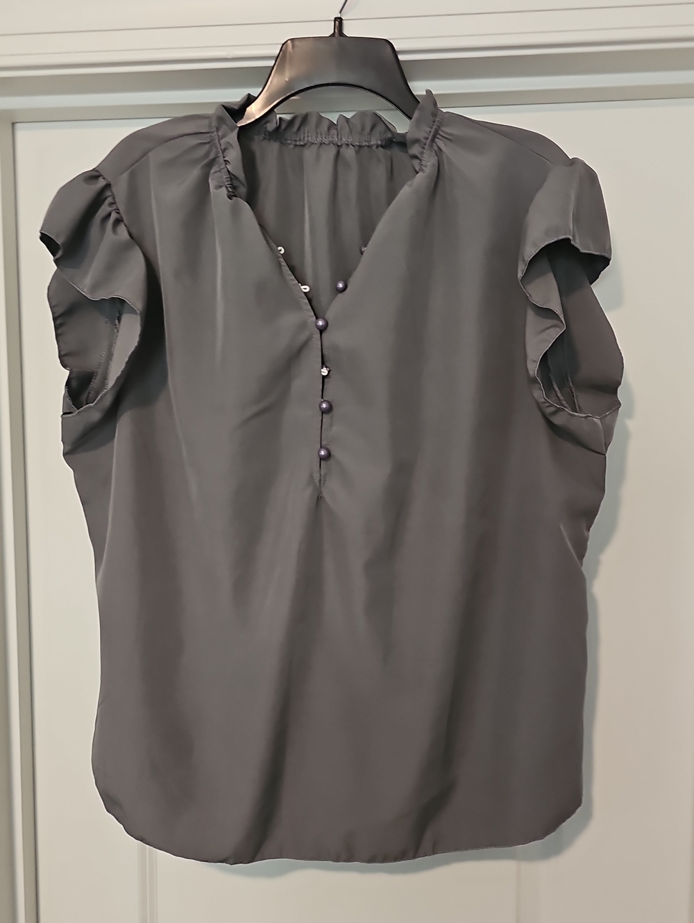 SHEIN Charcoal Ruffle Sleeve Blouse with Pearl Buttons